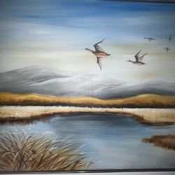 Extra Large Gorgeous Scenic Painting/ Birds Flying Over A River