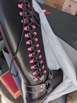 Dream Apparel BLACK PINK Women's Knee High Biker Boots Leather Lace Up US 8.5