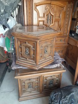 Vintage armoir TV cabinet drawer with end tables,  white iron bed frame