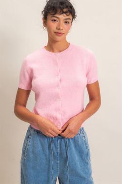 Crew neck short sleeve cardigan in pink , gray , dark taupe