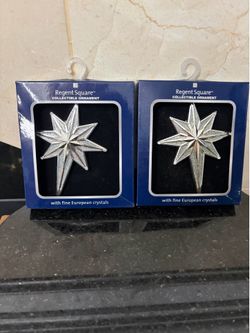 Set of 2 Regent collectible silver tone Star ornaments with Crystal accents 4”
