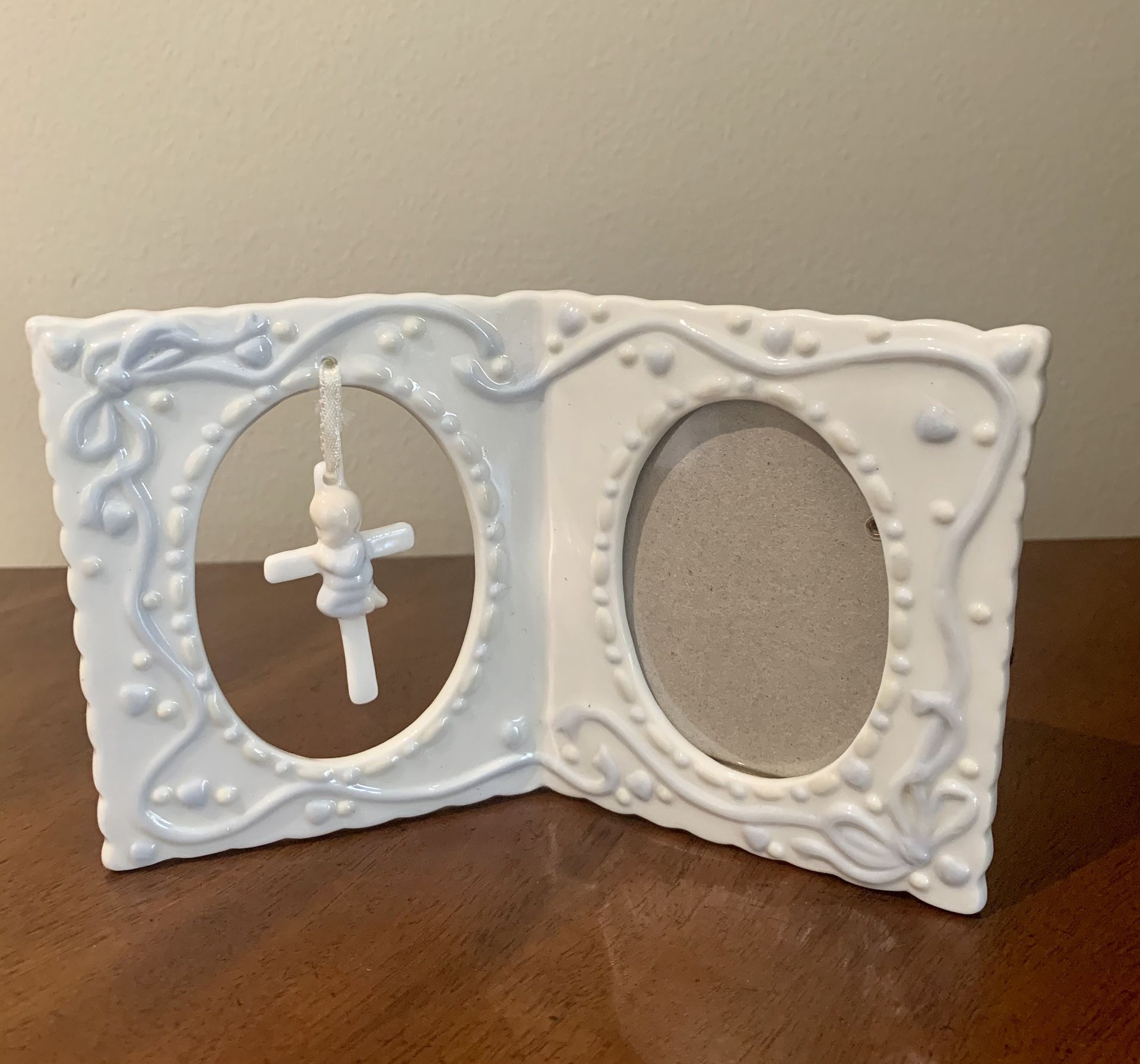 Porcelain Christian Picture Frame White & baby blue for a baby boy 