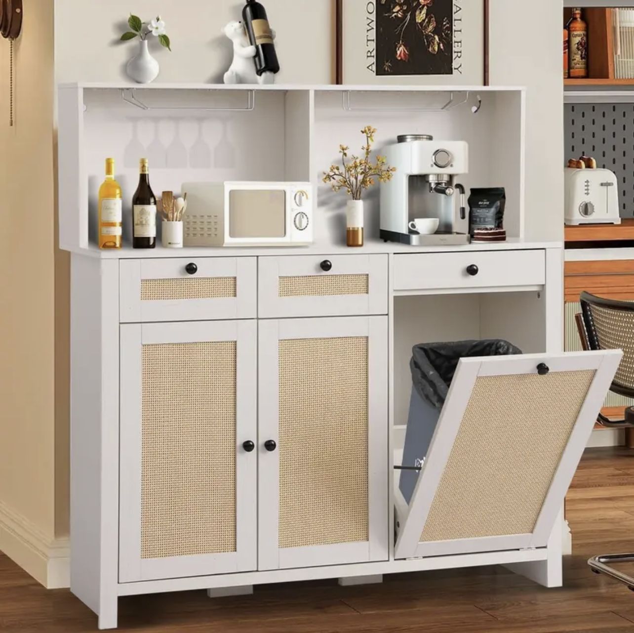 Wine bar cabinet, buffet cabinet, with trash bin cabinet and storage Brand New