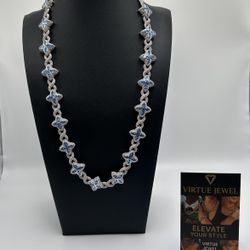 Flower 4 Leaf Clover Iced Out Premium Quality Chains & Bracelet Silver Blue