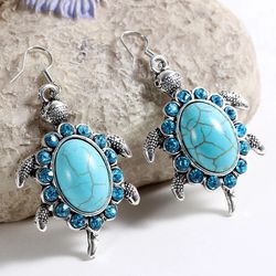 Gorgeous Rhinestone Turquoise Turtle Earrings