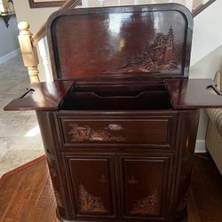 Vintage Oriental Dry Bar, Drink Cabinet With Carvings And Storage Space