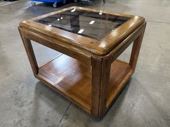 Vintage Wooden 2 Tier Accent Table with Smoked Glass Top