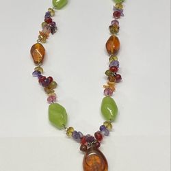 Colorful Statement Necklace Multicolor Beaded Chunky Pendant Boho Fashion Pre Owned