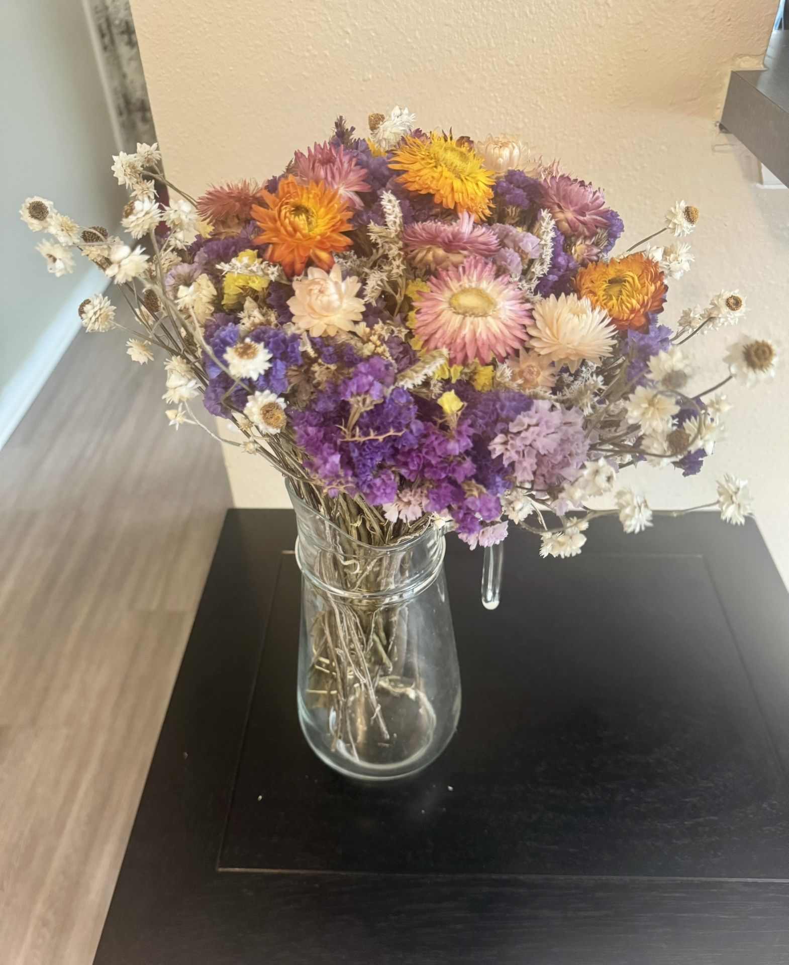 Colorful Dried Flower Bouquet in a glass vase with handle
