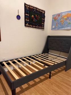 Gray Upholstered  Bed Frame with Tufted Headboard