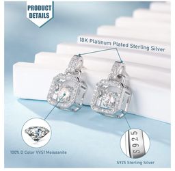 Moissanite Earrings, 18K White Gold Plated Sterling Silver Moissanite Earrings for Women, 1.0ct - 2.0ct D