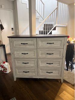 8 drawer dresser, light gray and brown
