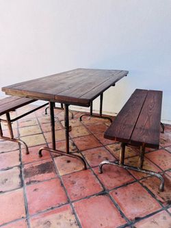 Industrial farmhouse Wood and Metal Picnic Table Set with 2 Benches