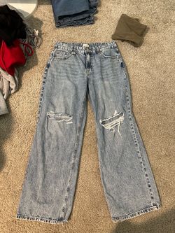 Light wash ripped wide leg cotton jeans