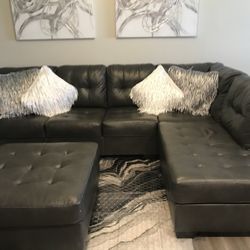 Grey Bonded Leather Sectional With Ottoman  