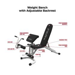 FitRx Workout Bench, Weight Bench with Adjustable Incline, Curl Bar, and Leg Lever for Home Gym Exercise Equipment