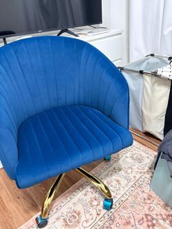 Blue Velvet Swivel Office Chair with Gold Base