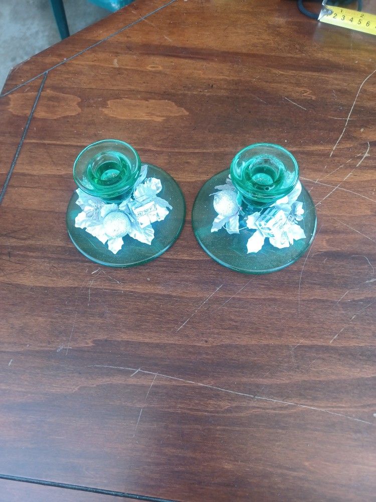 Green Depression Glass Candle Holders