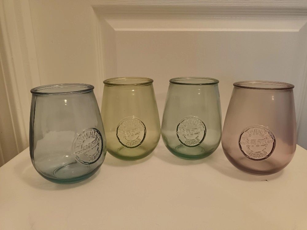 A Set of 4 Collectible 5" Tall 100% Authentic Recycled 4 Colors Glass Cup Drinking Tumblers