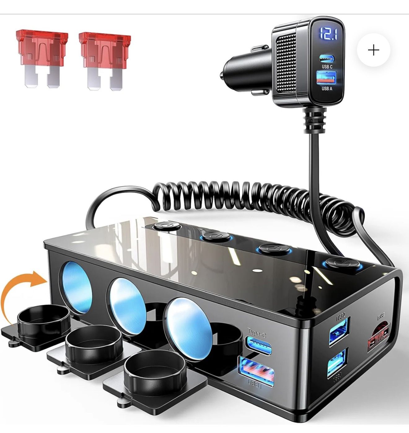 LISEN Cigarette Lighter Splitter Adapter 191W Heavy Duty Truck Car USB Chager Multi Port with PD36W/QC3.0 Charge USB C 12V/24V Independent Switches & 