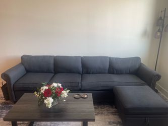 Dark Grey 4-Seat Sofa with Matching Ottoman and Nailhead Trim