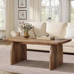 47-Inch Wood Rectangular Living Room Table, Farmhouse Accent Center Low Cocktail Tea Table with Sturdy Base & Rounded Corners