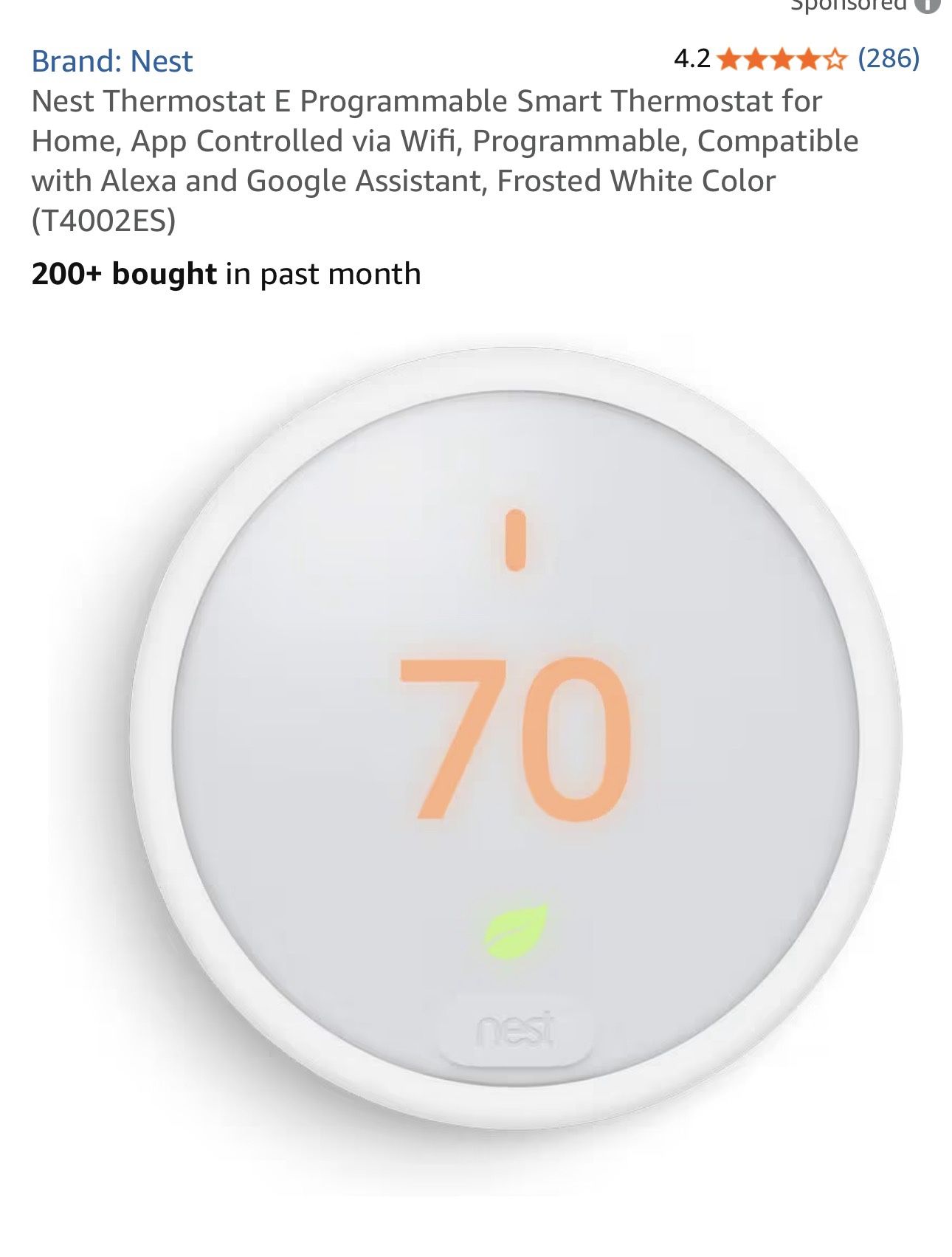 Nest Thermostat E Programmable Smart Thermostat for Home, App Controlled via Wifi, Programmable, Compatible with Alexa and Google Assistant, Frosted W