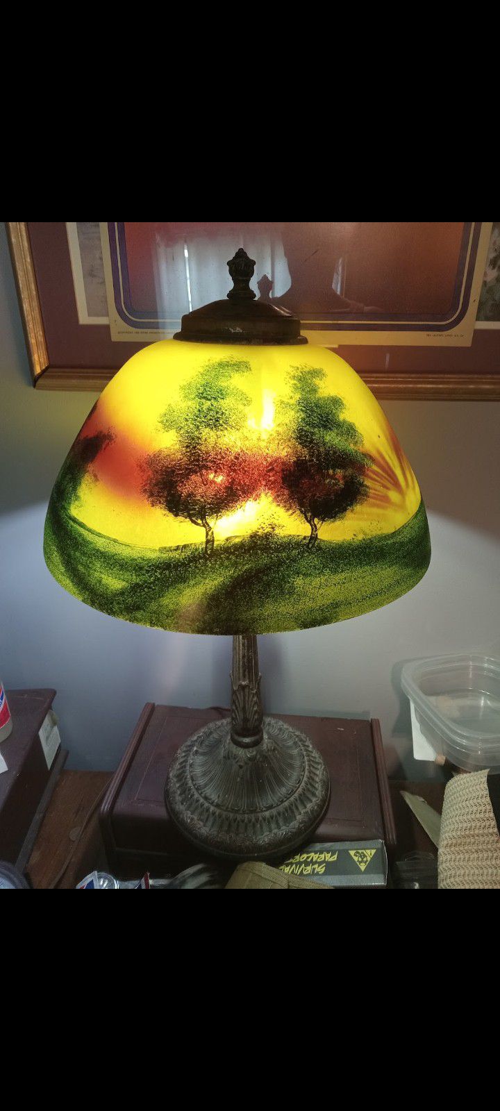 Antique Phoenix Reverse Painted Lamp