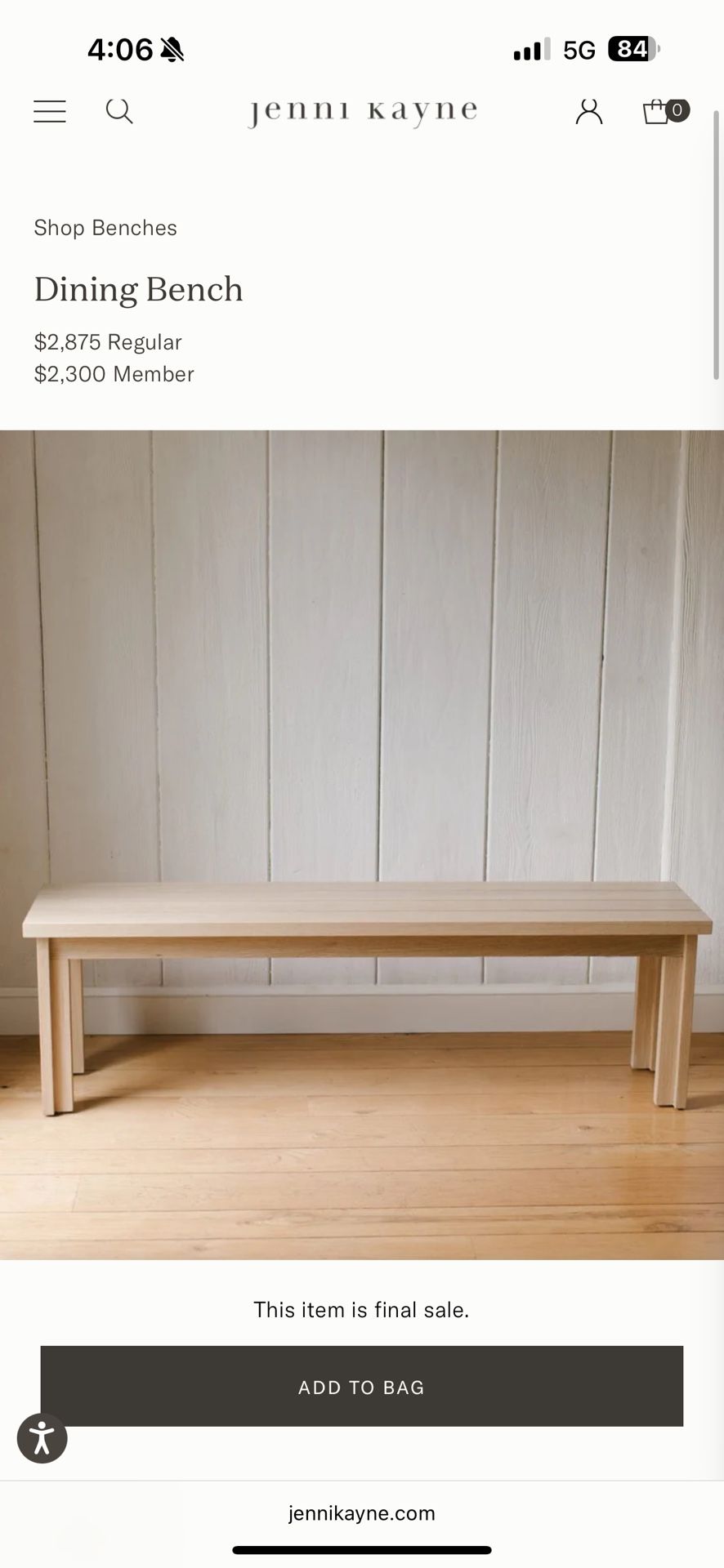 Jenni Kayne White Oak 84” Bench