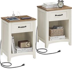 Farmhouse Nightstands with Charging Station, Set of 2 Bedside Tables, Side Tables with Drawer, Open Compartment, for Bedroom, Rustic White and Honey B