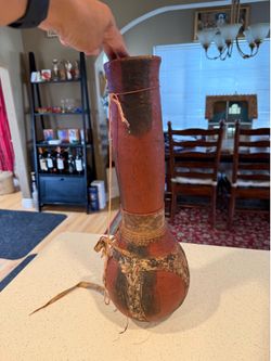 Vintage Ethnographic Hand-Painted Bottle Gourd Vessel w/ Rawhide & Leather Accents