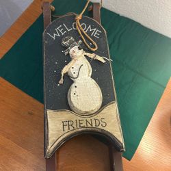 Welcome Friends Wooden Snowman Sleigh For Porch 