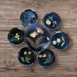 Original Vintage Japanese Black Lacquer Wooden Coasters Hand Painted Set of 6