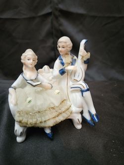 Vintage Ceramic Colonial Man & Woman Fabric Dress On Seat Figurine 
