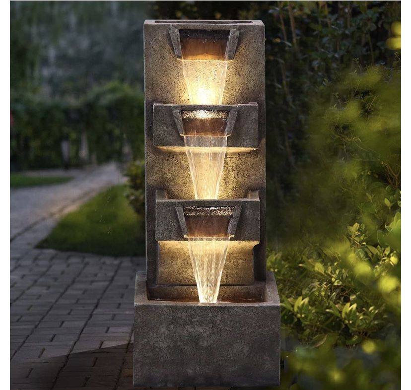 Outdoor Garden Water Fountains with LED Lights Indoor Modern Floor-Standing Fountain for Garden, Pat