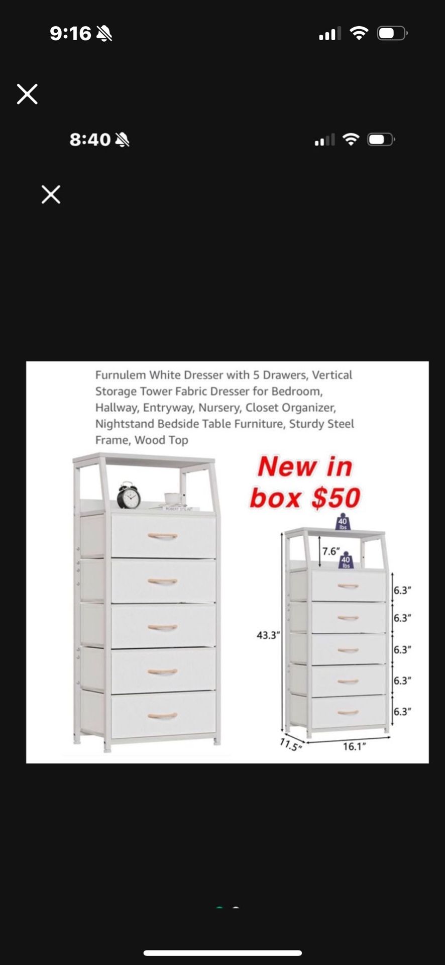 New White Dresser with 5 Drawers, Vertical Storage Tower Fabric Dresser for Bedroom, Hallway, Entryway, Nursery, Closet Organizer, Nightstand$50