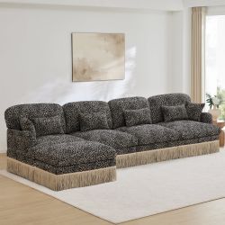 Target 131" Modular Leopard Print Chenille L-Shaped Sectional Sofa with Ottoman and Fringe,Beige Trim ,Khaki
