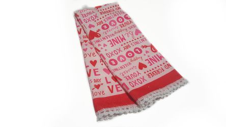 Valentines Day Kitchen Towel-Valentines Day Love Hearts Pink-Fancy Delicate Crochet Ruffle Trimming