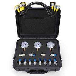 Hydraulic Pressure Test Kit，600bar /8700psi / 60mpa 3 Gauges 12 Tee Connectors 3 Test Hoses, Hydraulic Gauge Kit Sturdy Carrying Case for Excavator Co