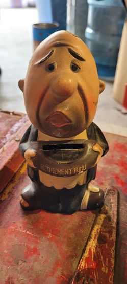 Vintage Artmark Ceramic Begging Sad Hobo Brown Coat Piggy Coin Money Bank 7”

