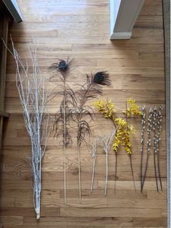 Assorted “floral” - faux flowers, willow branches, white branches and two peacock stems