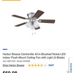 Harbor Breeze Centreville 42-in Brushed Nickel LED Indoor Flush Mount Ceiling Fan with Light (5-Blade)