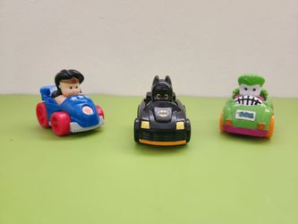 (3) Little People DC Comics Wheelies, Batman Joker Wonder Woman