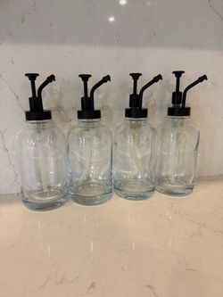 Coffee Syrup Dispenser Set of 4, Glass Bottles with Pump, Maple & Coffee Syrup, Black