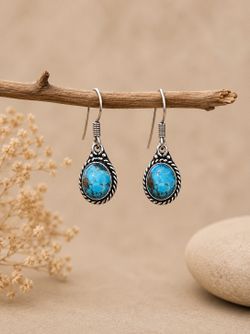 Dainty Natural Genuine Turquoise 925 Silver 1” Earrings