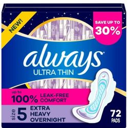 Always Ultra Thin Extra Heavy Overnight Pads with Wings, Size 5, 72 Count