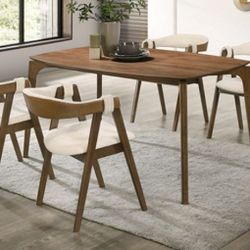 Brand New Walnut & Beige Mid Century Modern Style 5pc Dining Table Set