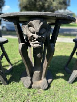 *GOTHIC* Hand-Carved Figural Wooden Table with Stools $500