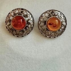 Vintage 925 sterling silver round 1” earrings amber orange artisan design  In great condition