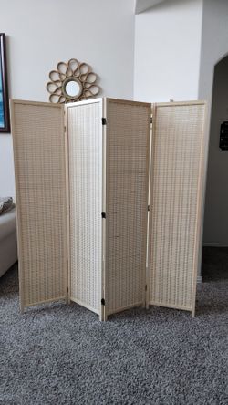4 Panel Beige Bamboo Portable Room Divider/Folding Privacy Screens/Wall Divider. Approximate Dimensions: 15.75"W x 0.75"D x 67"H (each panel) and 63"W